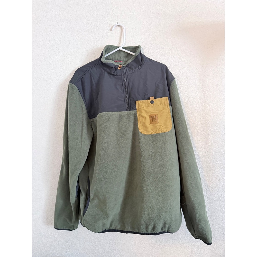 Topo Designs Mountain Fleece Pullover XL Olive Green Gray Quarter Zip Jacket